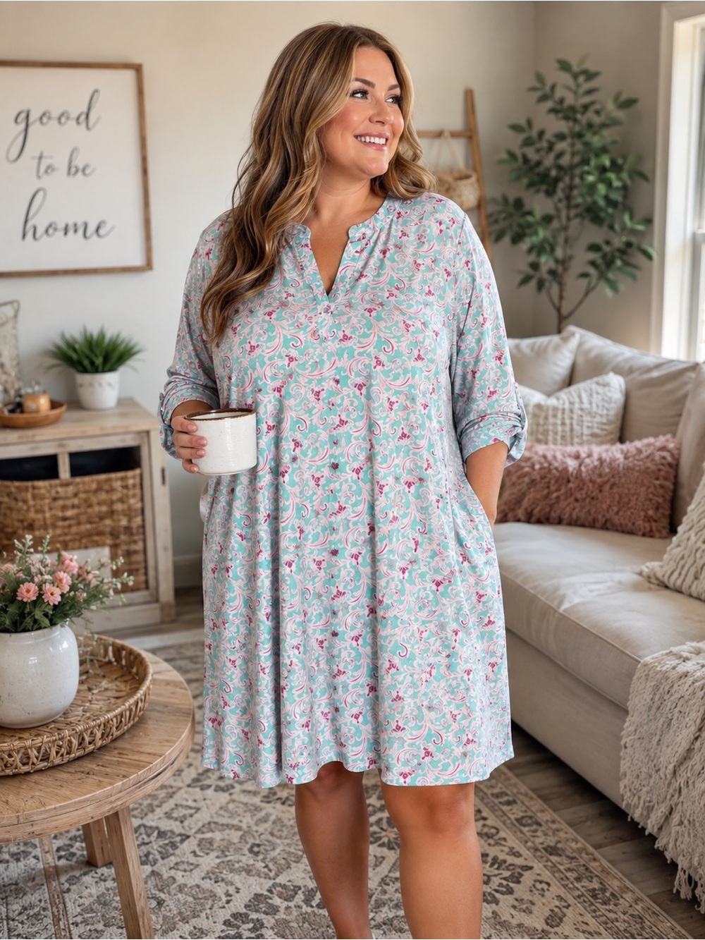 Dear Scarlett XL Mint Pink Paisley Swing Dress Tunic Split Neck Roll Tab Sleeves
